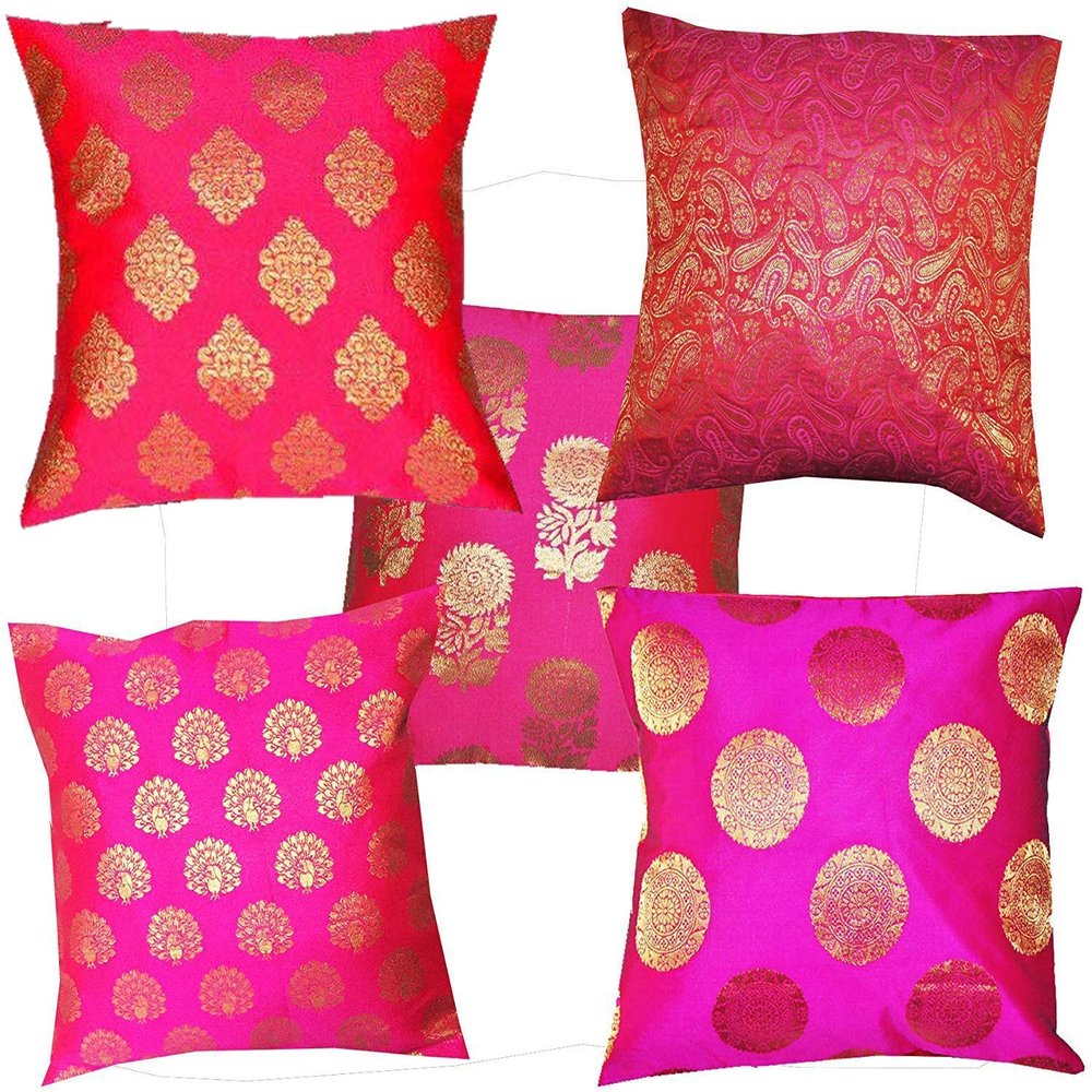 VIREO Dupion Silk Cushion Cover with Zipper - Set of 5 (16X16 Inch)