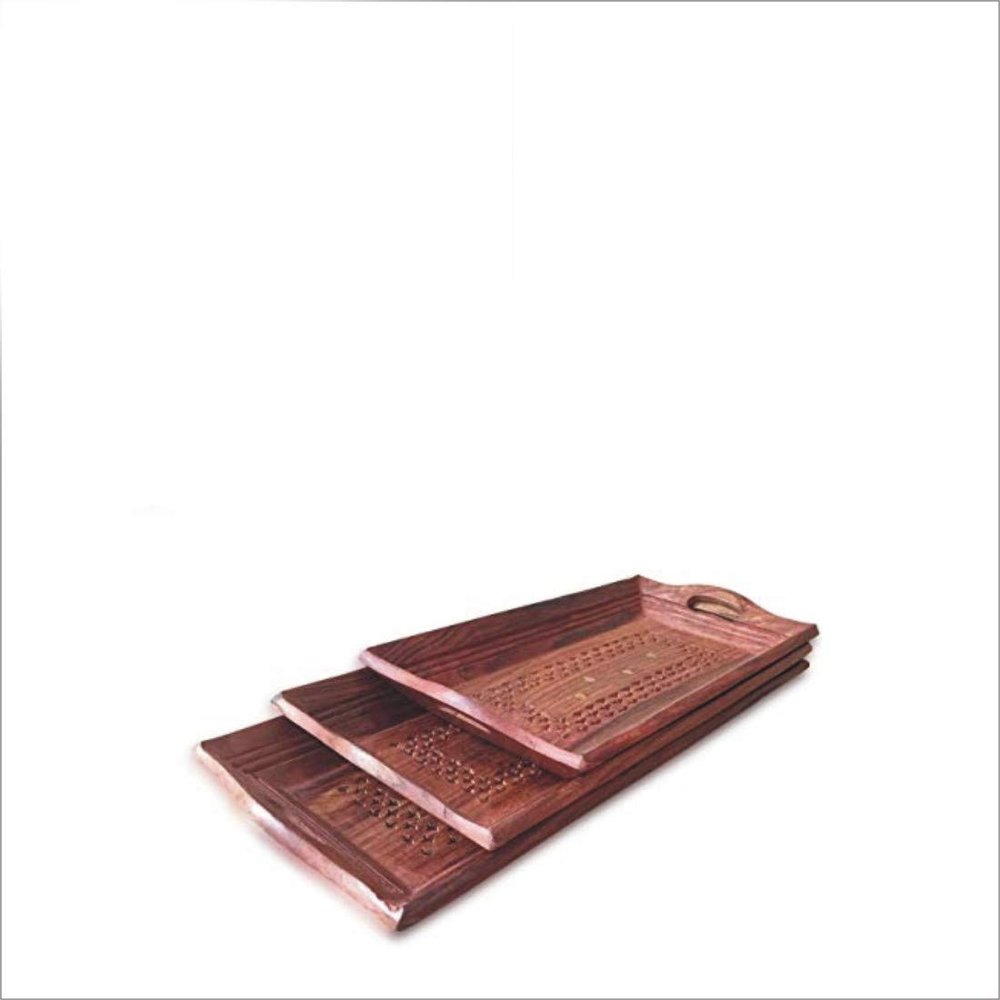 ROLIMOLI Wooden Coffee Tray Handcarved Tea Snacks Serving Tray Set Durable Multipurpose Serving Platter for Home Kitchen Use (Brown, Set of 2)