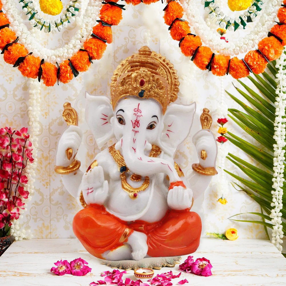 SN Handicrafts Polyresin Lord Ganesh Figurine 5.6 x 4.6 Inch Orange, 1 Piece