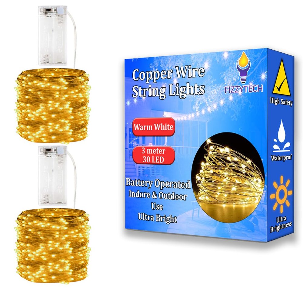 fizzytech 30 LED 3 Meter Copper String Lights Warm White Fairy Lights for Diwali, Christmas, Home & Party Decoration Decorative Lighting for Indoor/Outdoor Use (Warm White Pack of 2)