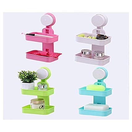 SEASPIRIT Plastic Double Layer Suction Cup Holder Rack Bathroom Shower Soap Dish Hanging Tray (Multicolour , Medium)