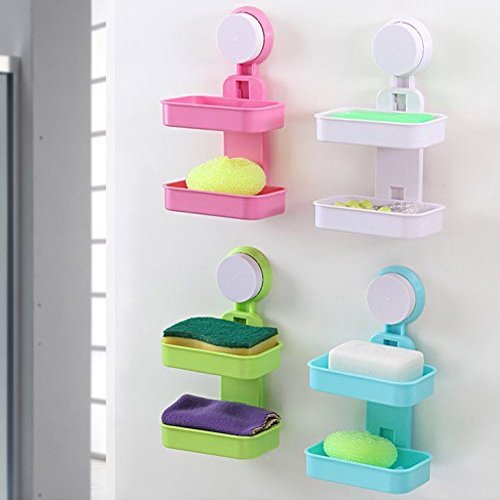 SEASPIRIT Double Layer Bathroom Shower Suction Soap Dish Hanging Tray Wall Holder Rack (Medium, 4, Pink)