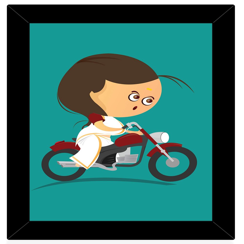TIED RIBBONS Beechwood Kerala Women Riding Bike Wall Decorative Illustration, Fan Art Framed Paintings Posters for Home Decor (Multicolour, Standard)