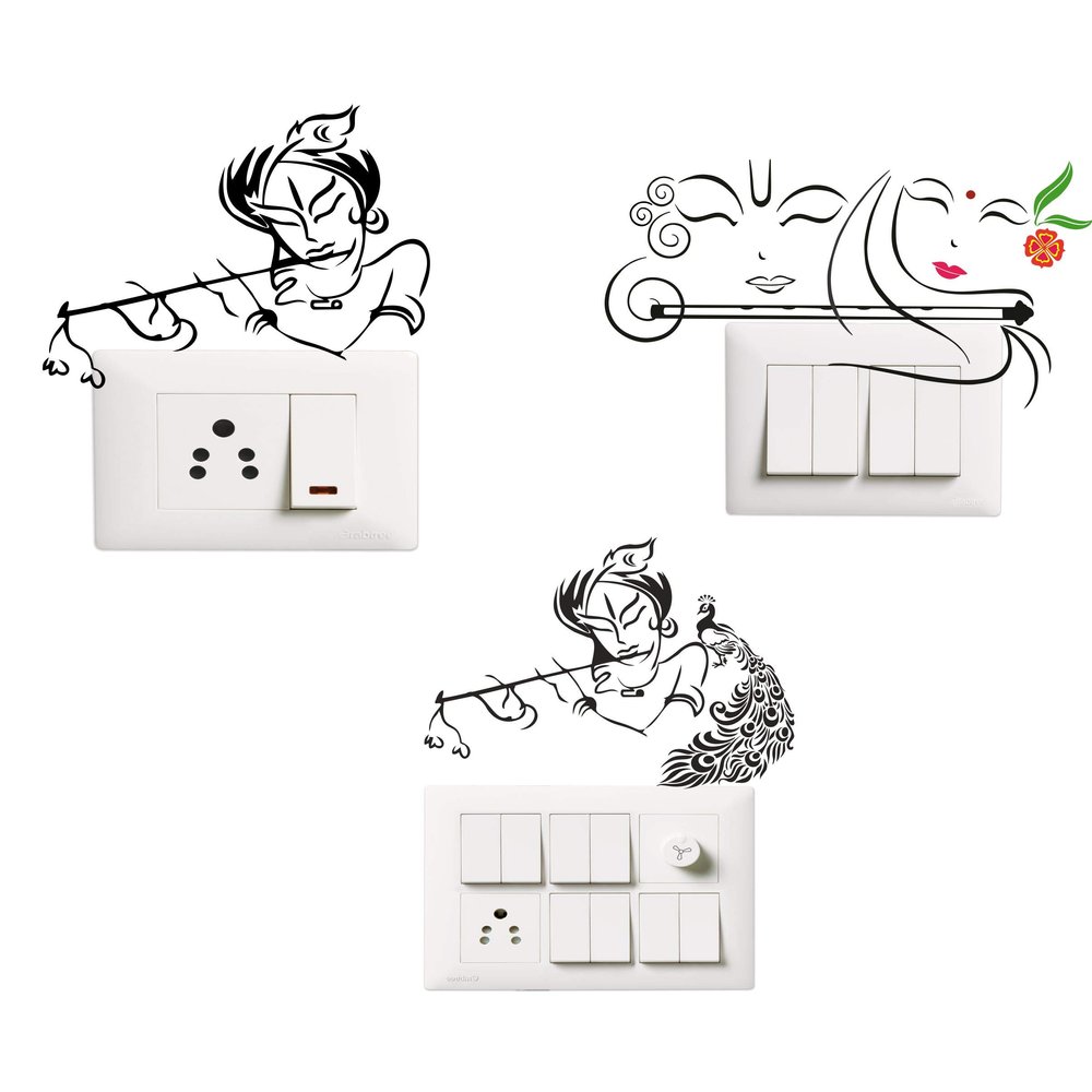 Sticker Hub Lord Krishna Switch Board Sticker Size-12cm x 9cm Set of -3 SW225