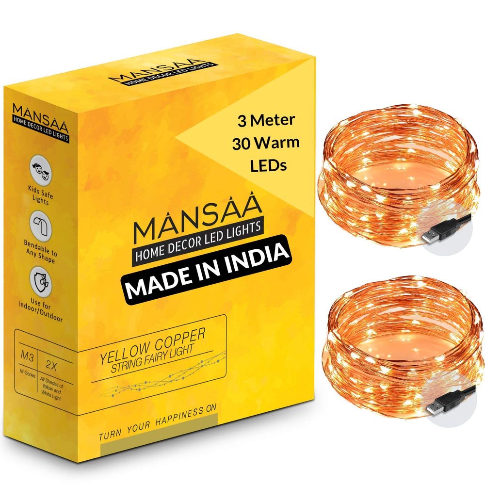 MANSAA Lights for Home Decoration | 18 Months Warranty | 3 Meter, 30 LEDs | Fairy Lights, Diwali Light, Led Lights, String Lights for Home Decoration, USB Operated - M51 (Yellow, Pack of 2)