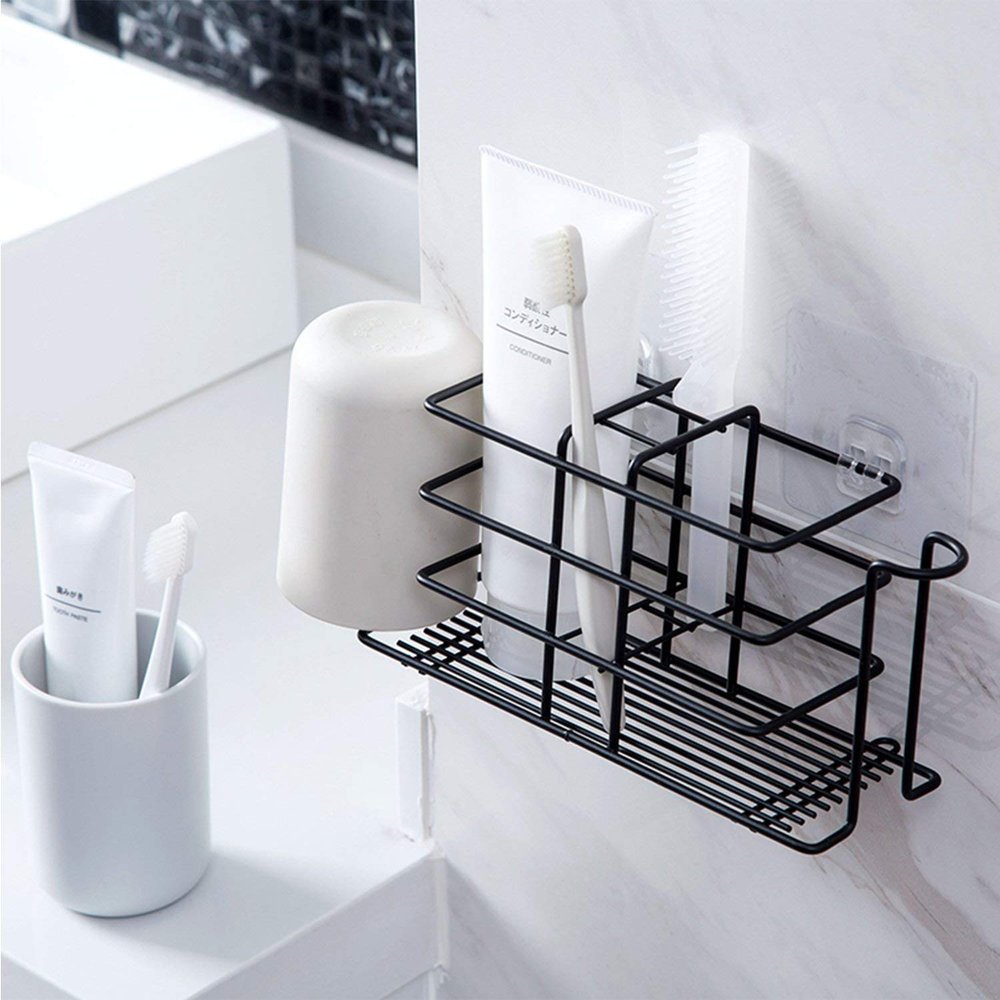 Zomoza Wall Mounted Stainless Steel Toothbrush Holder and Toothpaste Dispenser for Bathroom Storage Organizer Razor Holder Stand (Black)