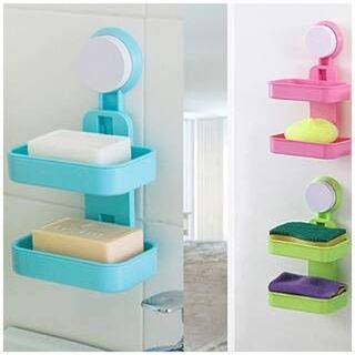 SEASPIRIT Plastic Double Layer Soap Dish Suction Cup Wall Tray Self-Adhesive Stainless Steel Waterproof Kitchen Bathroom Soaps Storage Rack