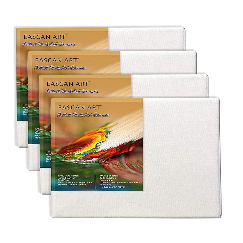 EASCAN ART Painting Drawing and Sketch Accessories Cotton Pre-Stretched Primed Painting Canvas (8'' x 8'') - Pack of 4