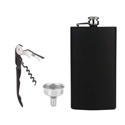 PROTOS INDIA.NET  3Pc Bar Set for Drinks Bar Accessories Box Black Hip Flask 7OZ 210ml with Funnel + Wine Opener Black Matte Finish Hip Flask Bar Tools Portable Bar Set for Gift Home for Men Women