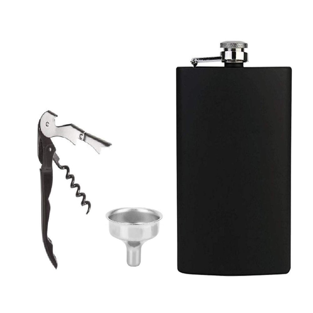 PROTOS INDIA.NET  3Pc Bar Set for Drinks Bar Accessories Box Black Hip Flask 7OZ 210ml with Funnel + Wine Opener Black Matte Finish Hip Flask Bar Tools Portable Bar Set for Gift Home for Men Women
