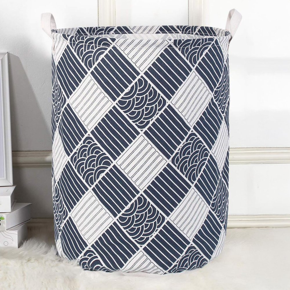 HOKIPO Folding Laundry Basket For Clothes Large 43 Ltr (Ar2542)(Cotton, Dark Blue), 13.78 Inch, 35 cm, 45 cm