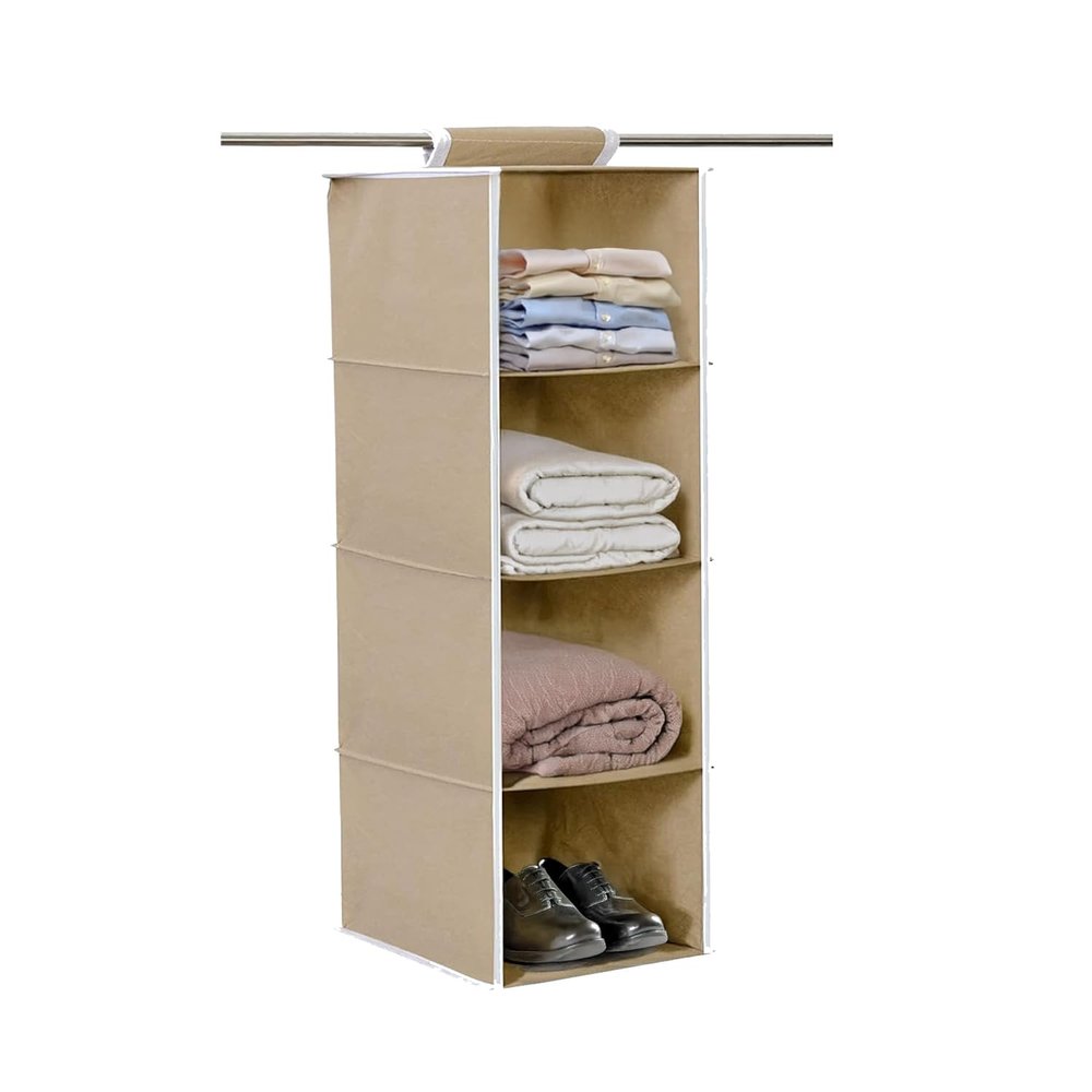 PrettyKrafts Hanging 4 Shelves Wardrobe Organiser - Beige, Fabric