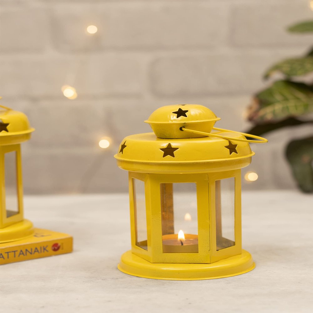 Homesake Star Light Decorative Metal Lantern Indoor/Outdoor Hanging Lantern | Set of 2 Designer Candle Tealight Holder | Festive Decor | Diwali Decoration for Home, Yellow
