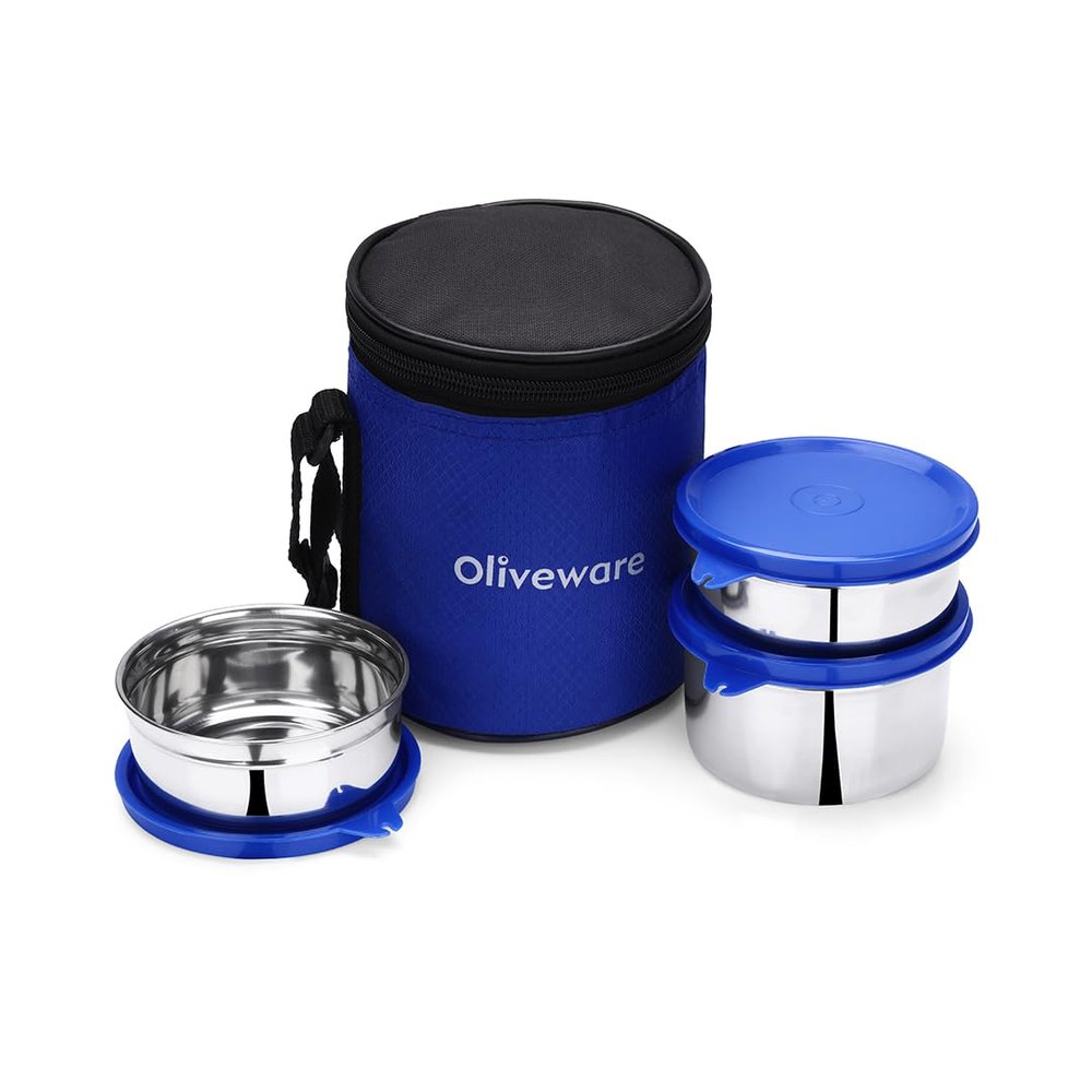Oliveware Lovely Stylo Lunch Box, Leak Proof & BPA Free Lid, 3 Stainless Steel Containers (2x290ml & 450ml), Fabric Jacket - Blue