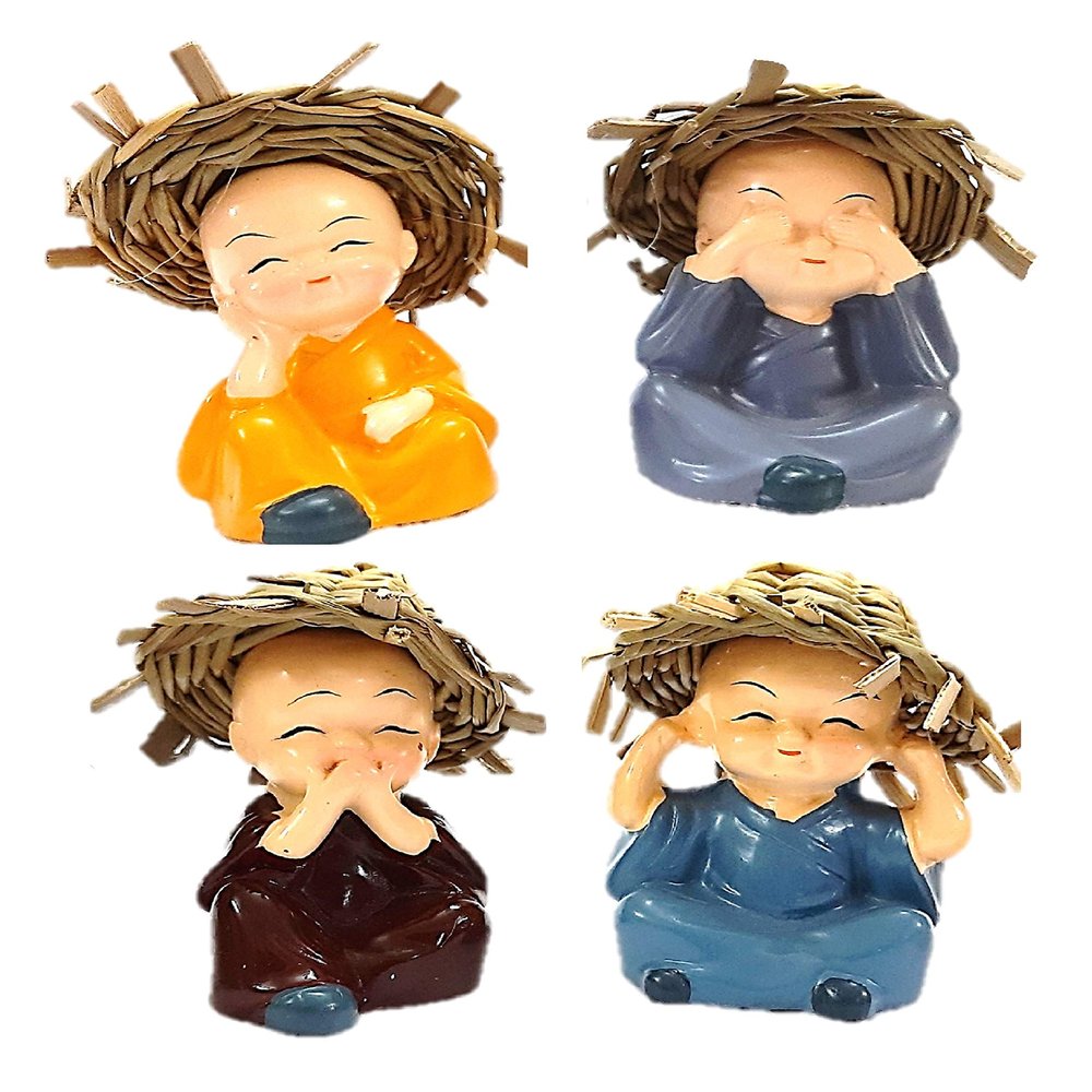 Decoration Homey Hat Monks Buddha Figurines Showpiece Set Of 4 For Car Dashboard home Decoration Miniature Garden Living Room Decorative Item (Design 3 with hat)