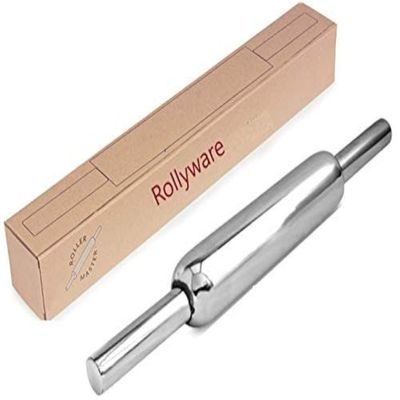 Rollyware Premium 100% Stainless Steel Smooth Rolling Pin/Belan for Baking, Doughs, Breads, Chapati -Slim, Non Stick, Lightweight with Better Grip & Easy to Wash