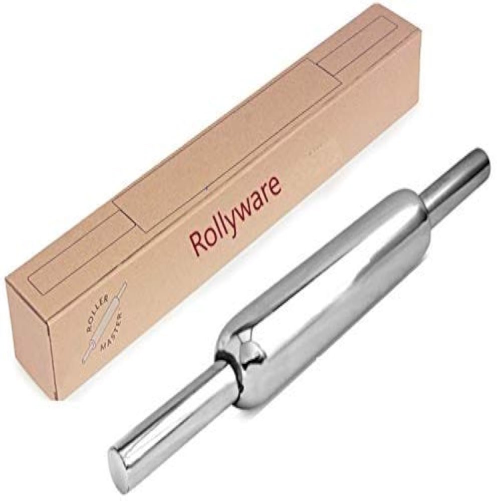 Rollyware Premium 100% Stainless Steel Smooth Rolling Pin/Belan for Baking, Doughs, Breads, Chapati -Slim, Non Stick, Lightweight with Better Grip & Easy to Wash