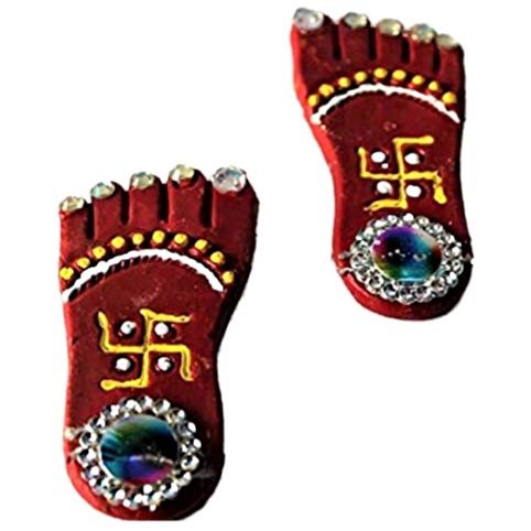 BlossomsStore | Hindu Goddess Sri Laxmi Charan Paduka | Feet Metallic Showpiece | Puja Room | Meditation | Prayer | Office | Business | | Good Luck | (Clay : 3 x 2 Inches)