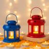 Homesake Star Light Decorative Metal Lantern Indoor/Outdoor Hanging Lantern | Set of 2 Designer Candle Tealight Holder | Festive Decor | Diwali Decoration for Home- Red Blue view 1