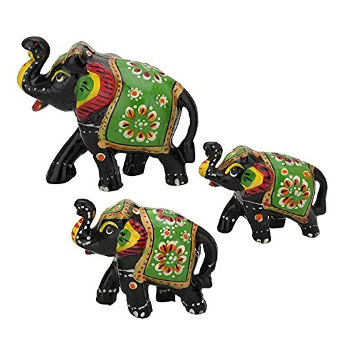 DreamKraft Paper Mache Handmade Elephant Showpiece Figurine Large(10x7.6) Medium(8.5x6.1) Small(7.3x5) CM (3 Piece, Black)