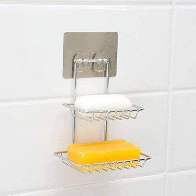 Xenon Venture Wall Mount Self-Adhesive Stainless Steel Metal Waterproof Kitchen Bathroom Double-Layer Soap Dish Holder, Silver
