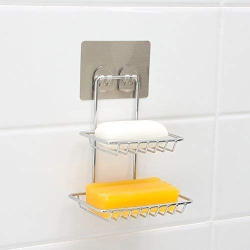 Xenon Venture Wall Mount Self-Adhesive Stainless Steel Metal Waterproof Kitchen Bathroom Double-Layer Soap Dish Holder, Silver