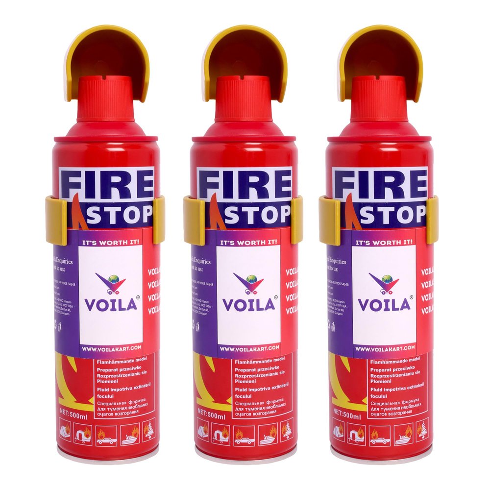 VOILA Fire Extinguisher for Car & Home (500ml), Portable, Compact & Easy to Use, Includes Mounting Stand, Ideal for Car, Taxi, Auto, Vehicle, Home, Office, for Non-Electrical Fire (Pack of 3)