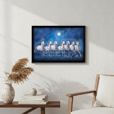 LIFEHAXTORE  Xtore Seven Lucky Running Vastu Horses Art Framed Painting (Ocean Blue, 12 Inch x 18 Inch)