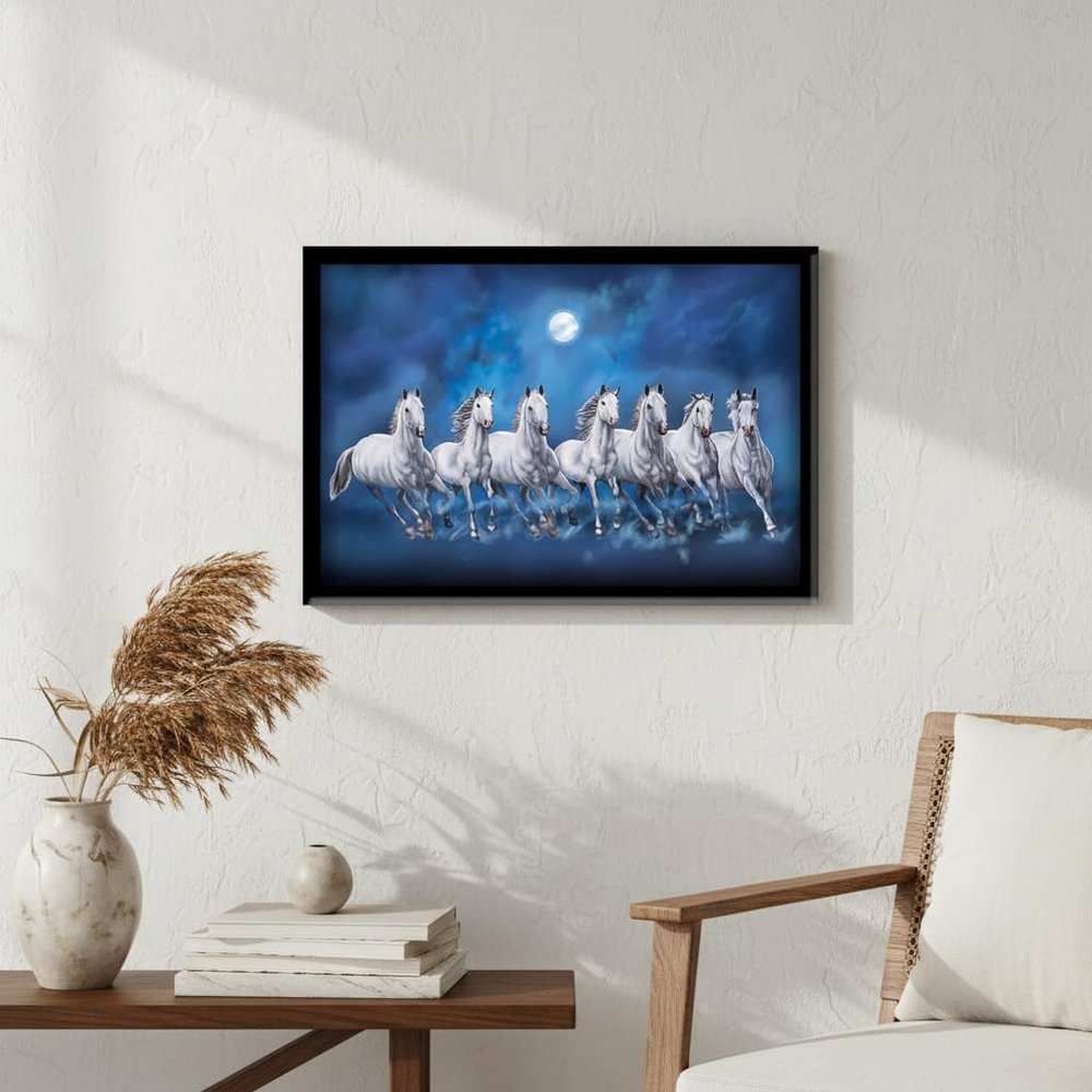 LIFEHAXTORE  Xtore Seven Lucky Running Vastu Horses Art Framed Painting (Ocean Blue, 12 Inch x 18 Inch)