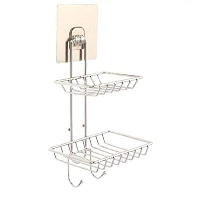 Zurato Wall Mounted Double Layer soap Dish Holder Dispensers, Self-Adhesive Stainless Steel Waterproof Kitchen Bathroom Soaps Storage Rack with Hook