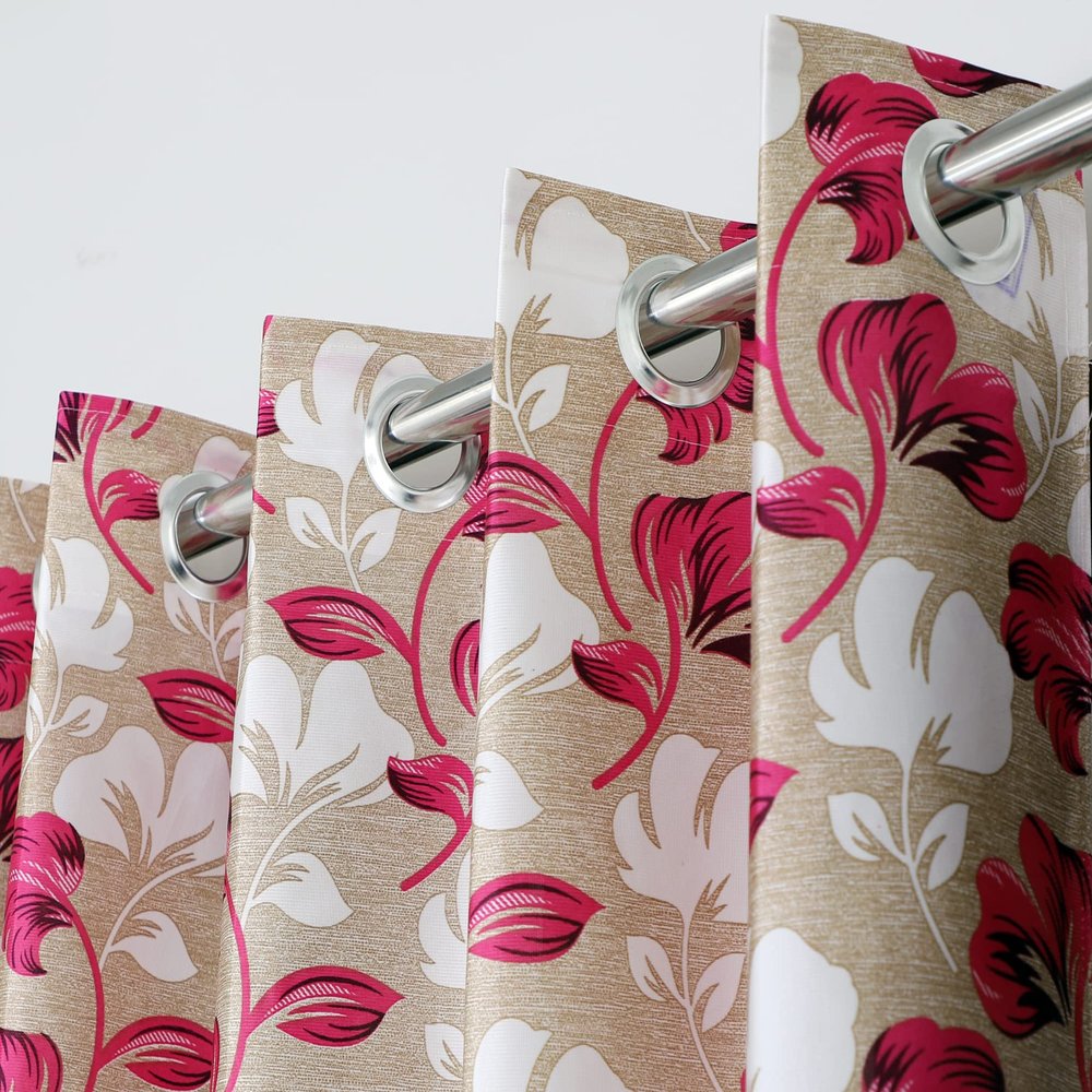 Exporthub 2 Pieces Fancy Design Pink Floral Leaf Polyester Eyelet Window Curtains - Length 6 Feet, (EHSPR724_64)