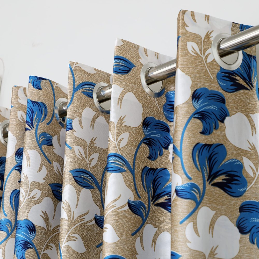 Exporthub 2 Pieces Fancy Design Blue Floral Leaf Polyester Eyelet Window Curtains - Length 6 Feet, (EHSPR719_64)