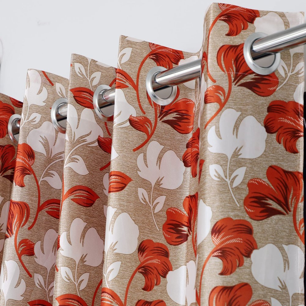 Exporthub 2 Pieces Fancy Design Orange Floral Leaf Polyester Eyelet Window Curtains - Length 6 Feet, (EHSPR723_64)