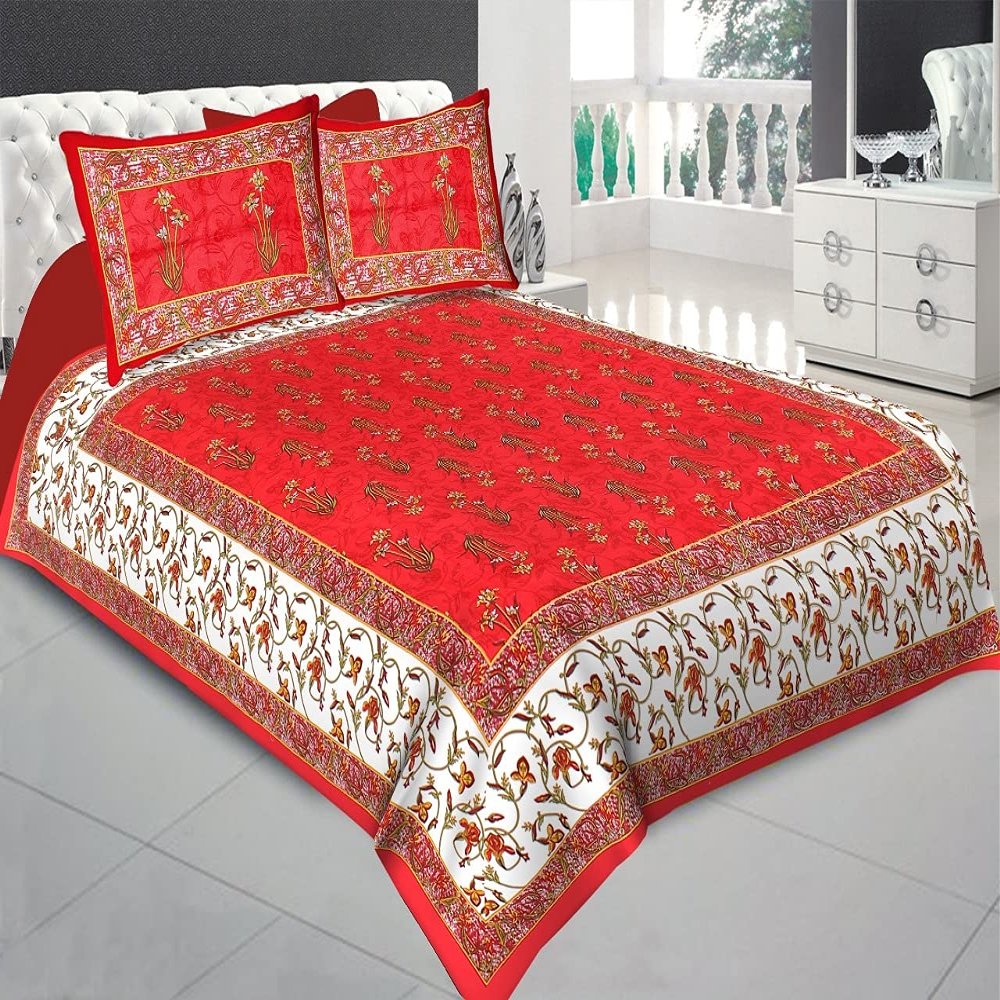 E Elma Pure Cotton Rajasthani Tradition Queen Size Jaipuri Double Bedsheets with 2 Pillow Covers (Standard, Red)
