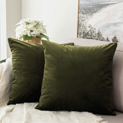 Khooti Velvet Cushion Cover, 12x12 | Mehandi | Pack of 2 | Solid Plain Soft & Smooth, Decorative Cushion Covers for Living Room, Bedroom, Couches, Chairs, Sofas, Beds & Home Decor