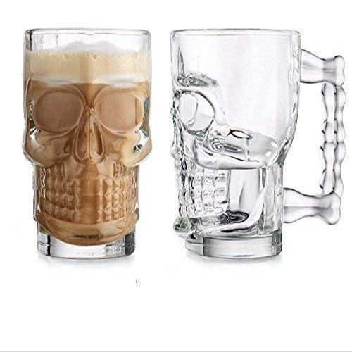 Home-Cart Drinking Glass Water Beer for Juice Bar Mug Skull Shaped with Solid Easy to Hold Handle- Set of 2 | 500 ml Each