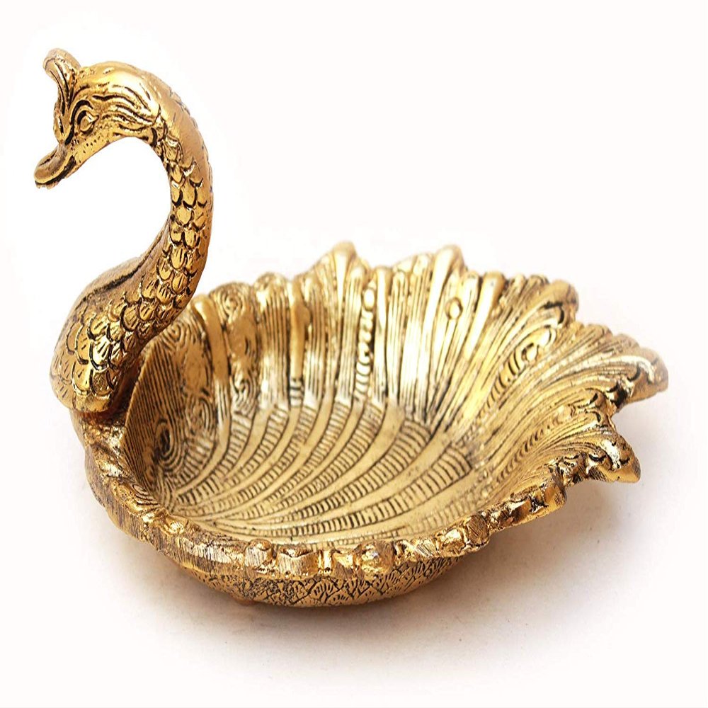 Saudeep India Metal Swan Shape Tray/Bowl for Dry Fruit, Flower Petal, Snacks or Dessert Platter for Home Decor/Diwali (19.5X11.5X9 cm, Golden) (Golden)