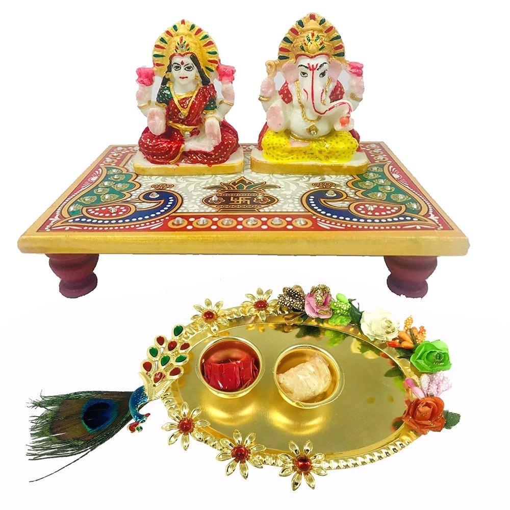 Evisha Marble Idol with Chowki and Puja Thali (7.62 x 6.35 cm, Multicolour)