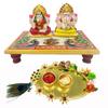 Evisha Marble Idol with Chowki and Puja Thali (7.62 x 6.35 cm, Multicolour) view 1