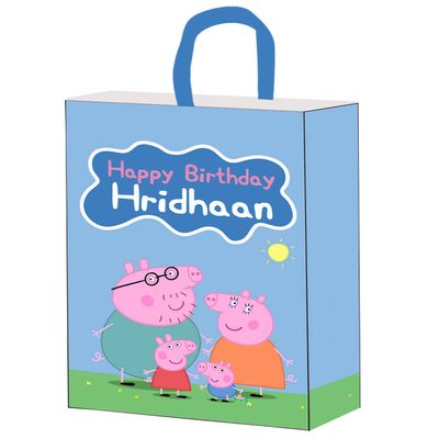 WoW Party Studio Personalized Pig Cartoon Theme Happy Birthday Decorations Return Gift Bag with Birthday Girls and Boys Name (Blue) - 10Pcs