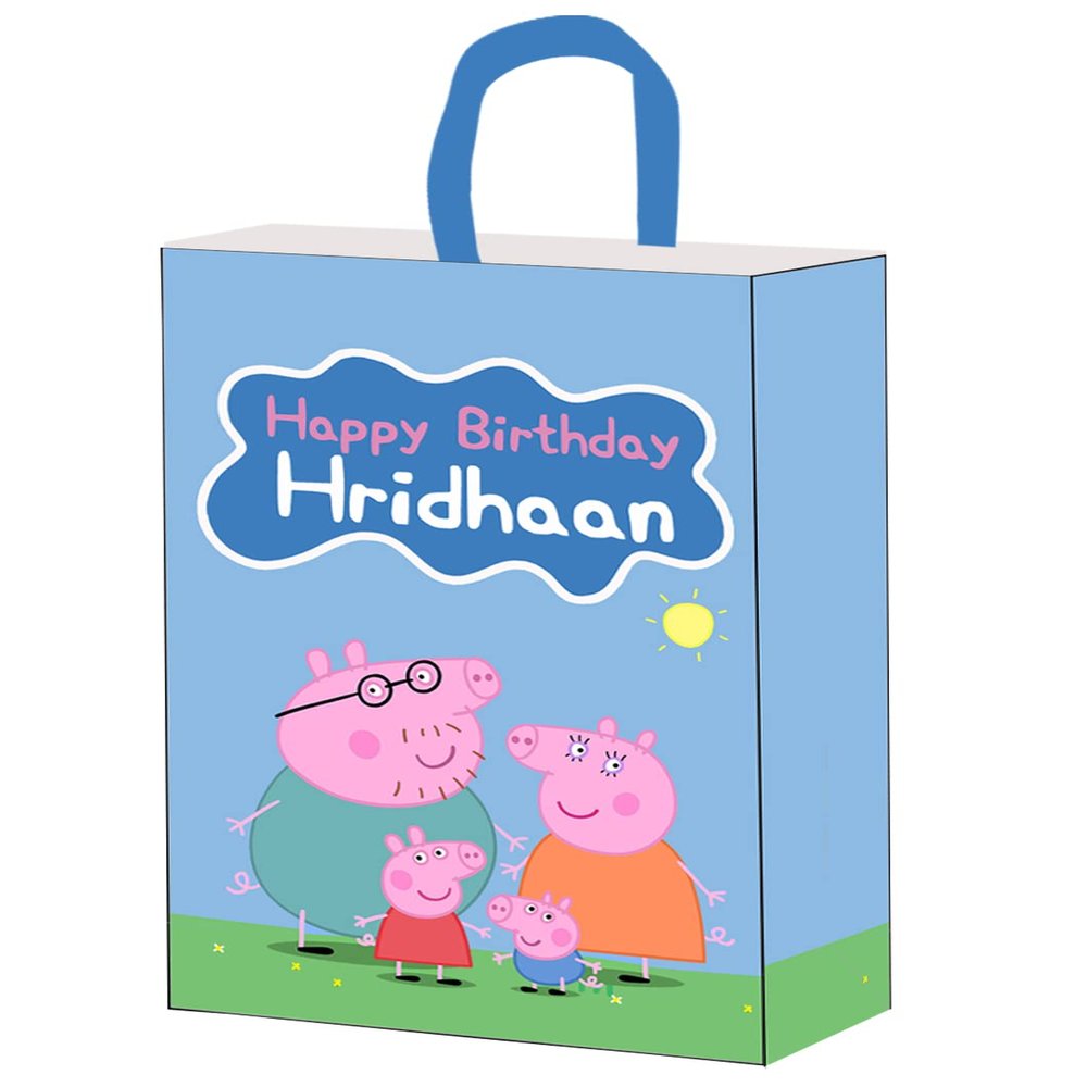 WoW Party Studio Personalized Pig Cartoon Theme Happy Birthday Decorations Return Gift Bag with Birthday Girls and Boys Name (Blue) - 10Pcs