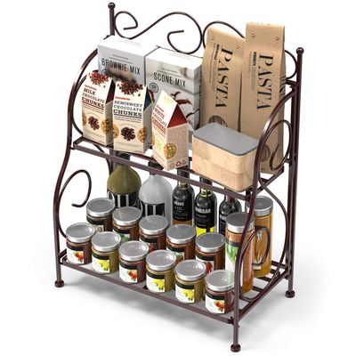 Classic Shoppe 2-Tier Foldable Wrought and Cast Iron Spice Shelf Rack Kitchen Bathroom Countertop Storage Organizer (Black)