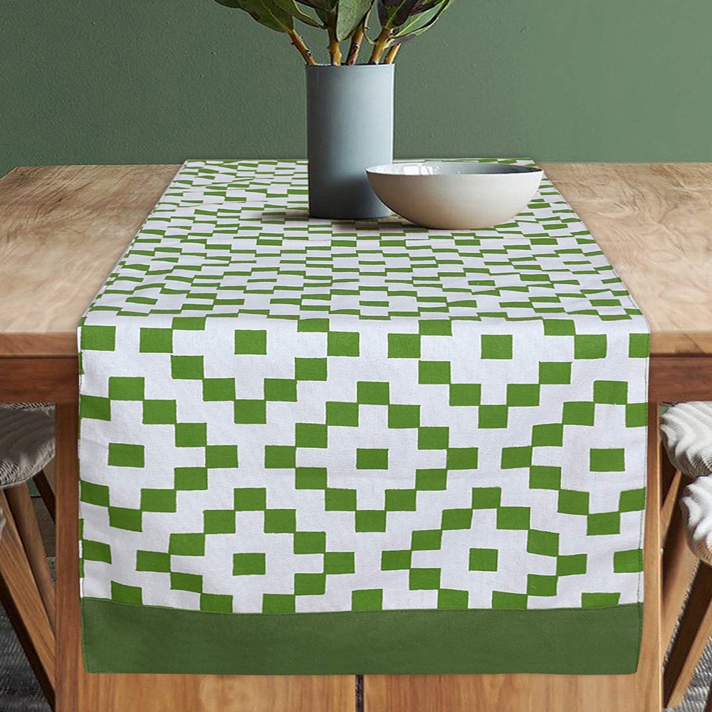 Dekor World Fun with Checks Printed Green Table Runner (33x120cm) (Pack of 1)-4 Seater Dinning & Center Table