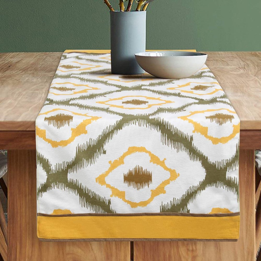 Dekor World 3 Ikat Printed Yellow Table Runner (33x120cm) (Pack of 1)-4 Seater Dinning & Center Table