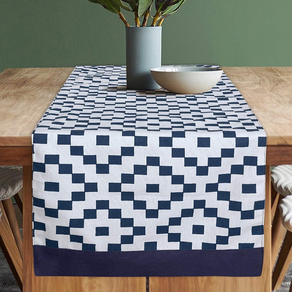 Dekor World Fun with Checks Printed Dark Blue Table Runner (33x120cm) (Pack of 1)-4 Seater Dinning & Center Table