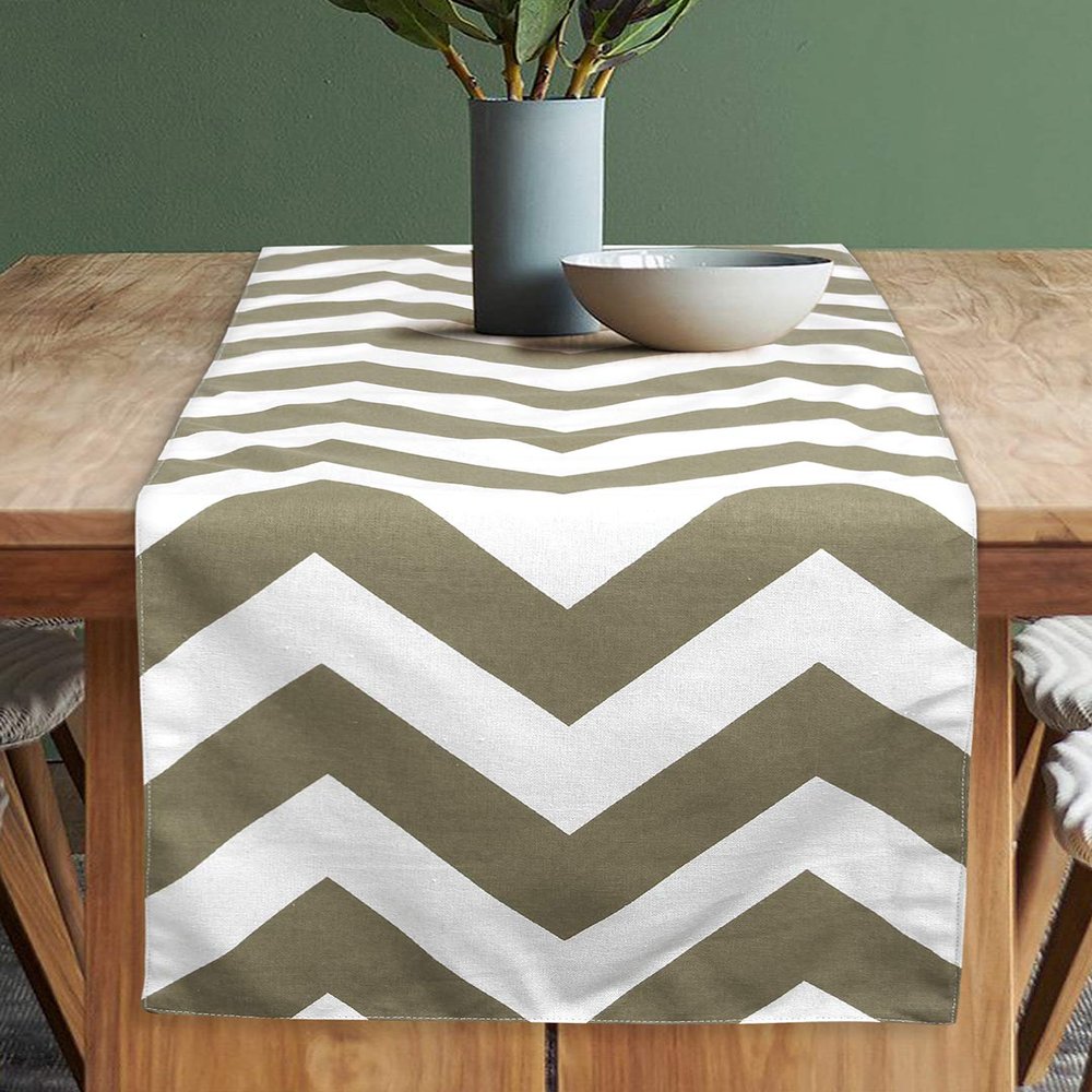 Dekor World 1 Piece Cotton Chevron Printed Table Runner (Beige, 4 Seater Table Runner- 33x120cm or 13x48 Inch)-for Dining & Center Table