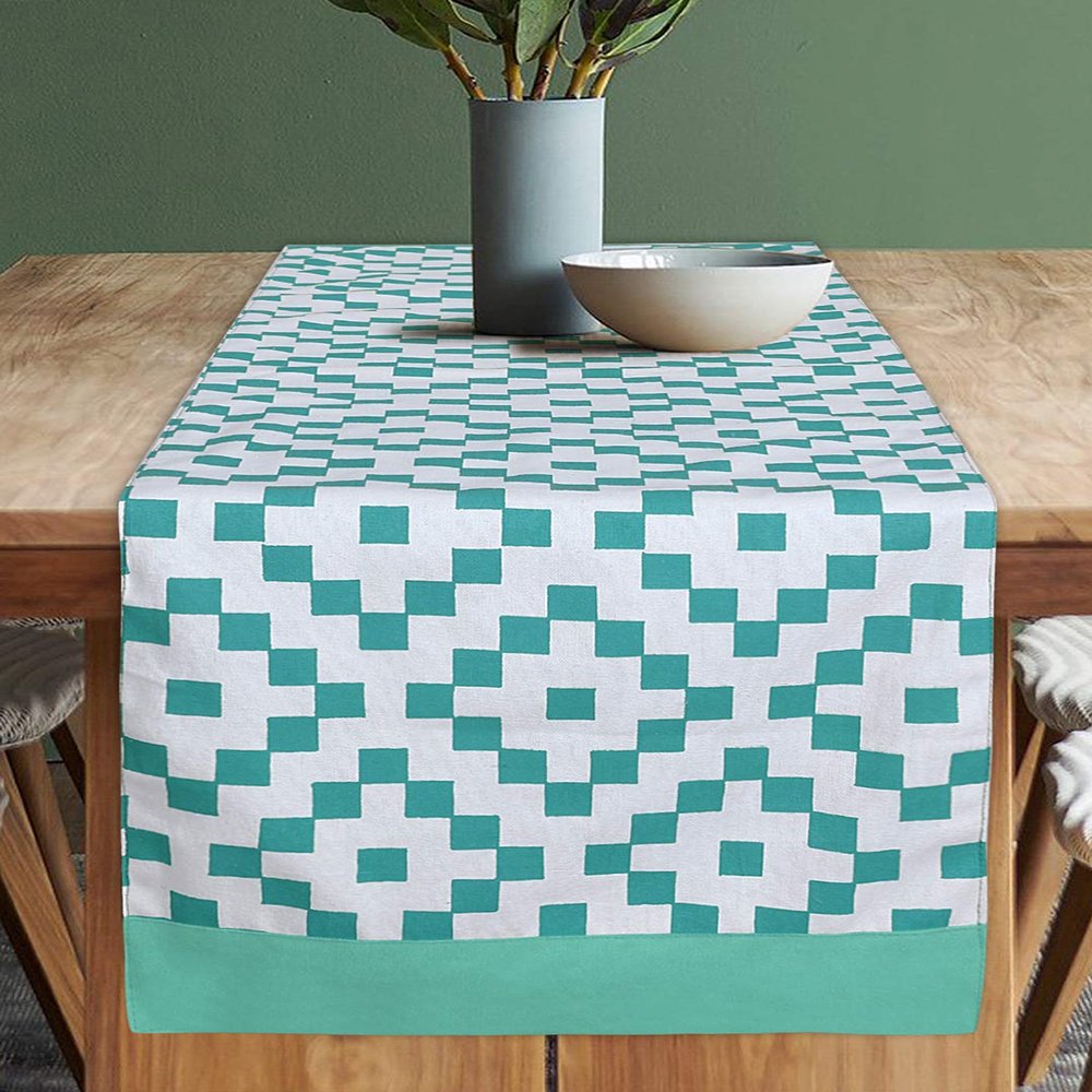 Dekor World Fun with Checks Printed Blue Table Runner (33x120cm) (Pack of 1)-4 Seater Dinning & Center Table