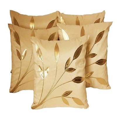 FESTIVAL HOME FURNISHINGS Satin Beige Leaf Print Cushion Covers - 16x16 inch (Set of 5)