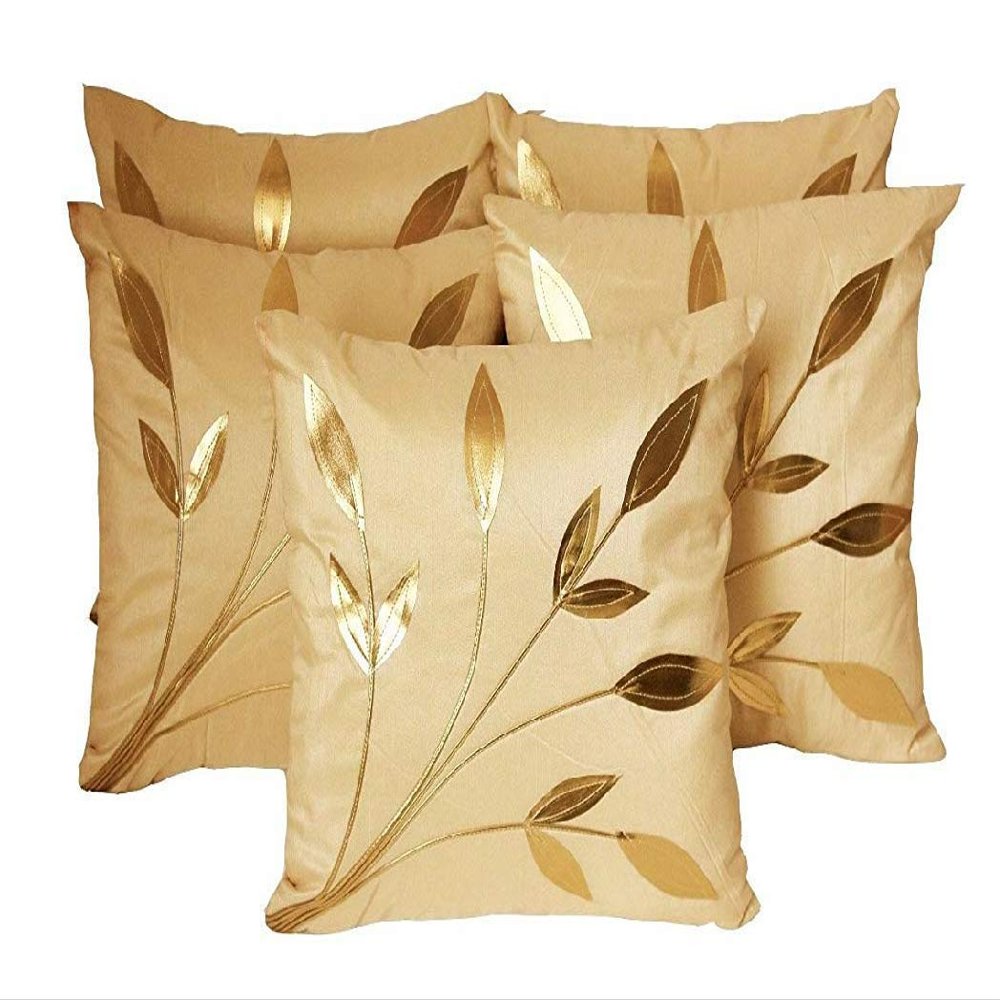 FESTIVAL HOME FURNISHINGS Satin Beige Leaf Print Cushion Covers - 16x16 inch (Set of 5)