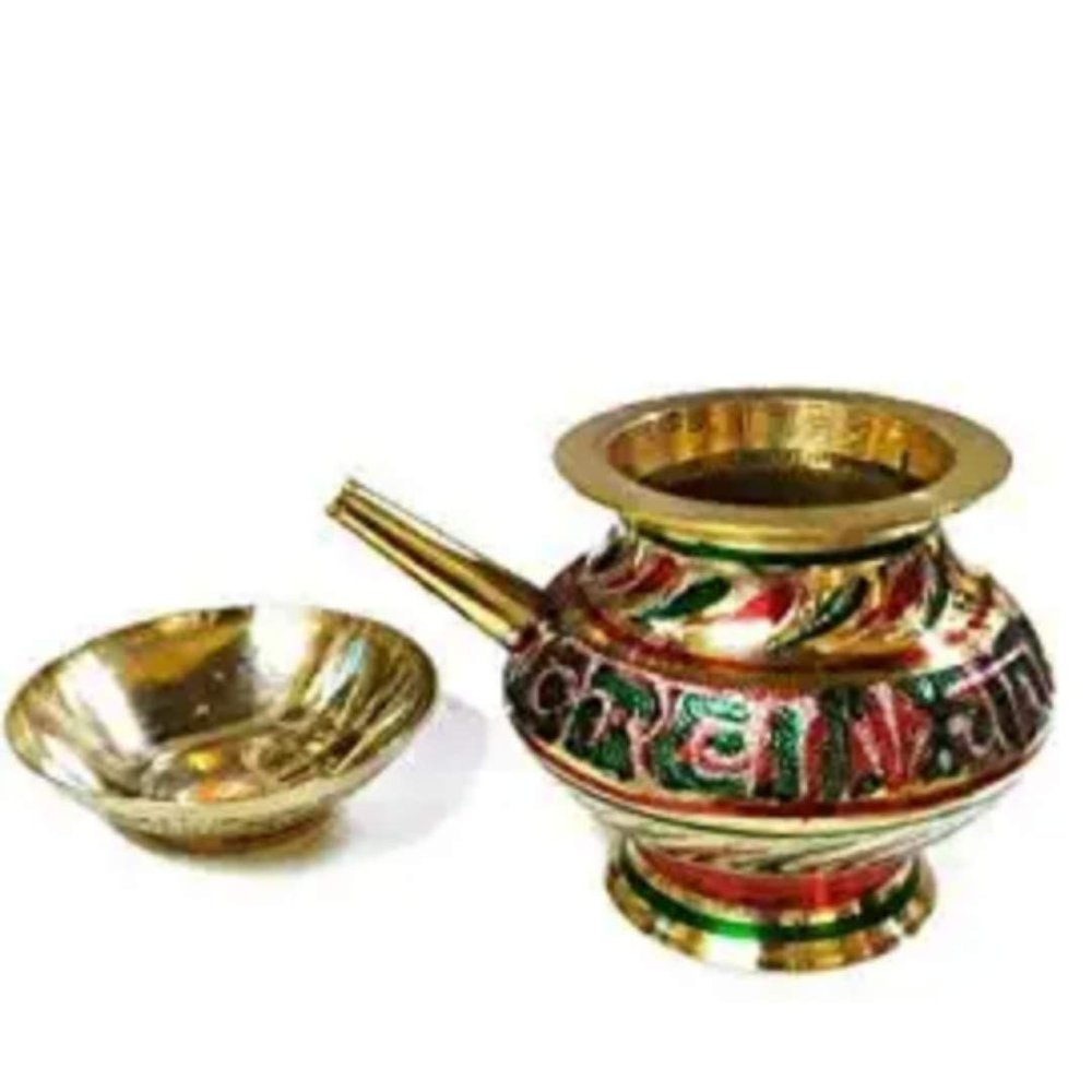 Antique Collection Decorative Brass Karwa Chauth Lota and Katori Combo (Golden, 12 x 11 x 11 cm)
